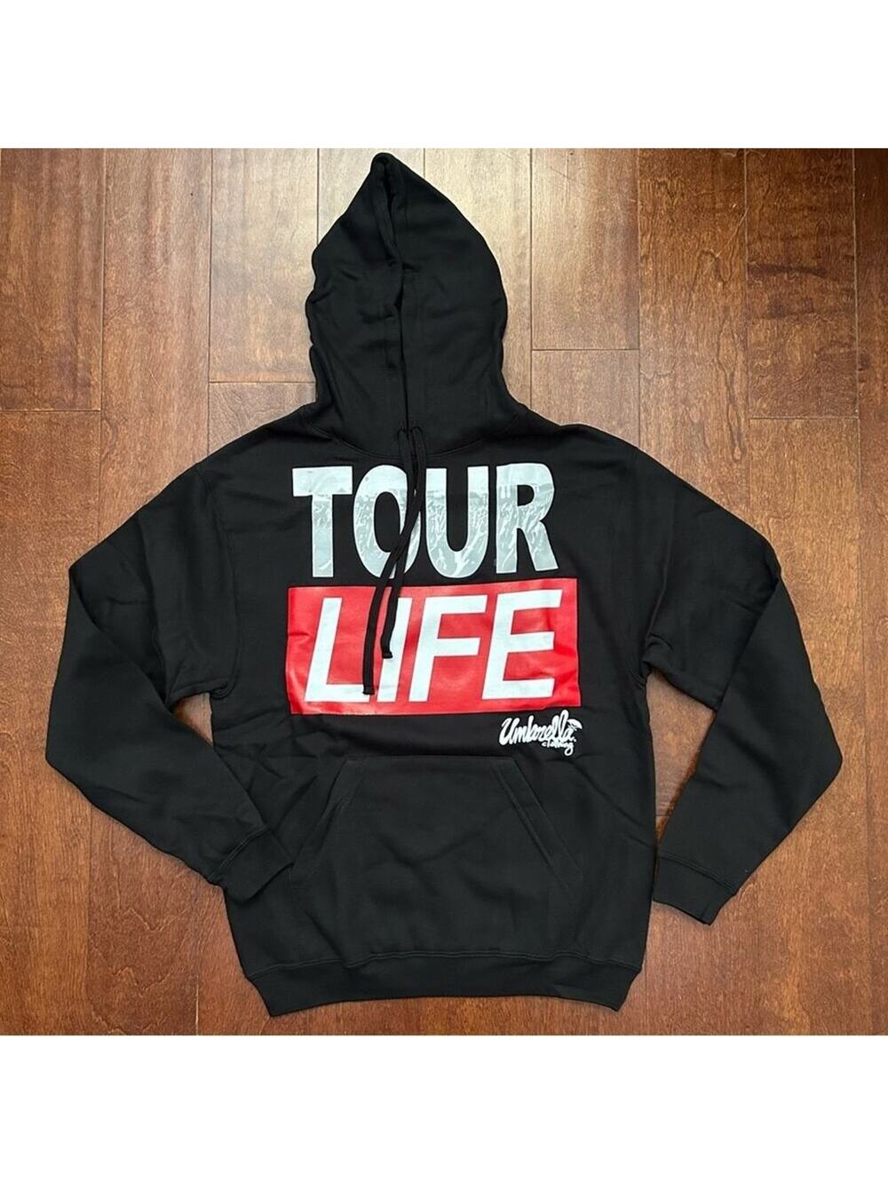Umbrella Clothing Black and Red “Tour Life” Unisex Hoodie, Size Small